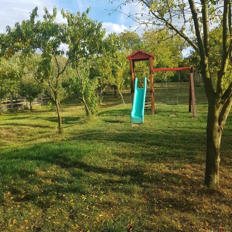 Loc de joacă cu tobogan și leagăn în livadă