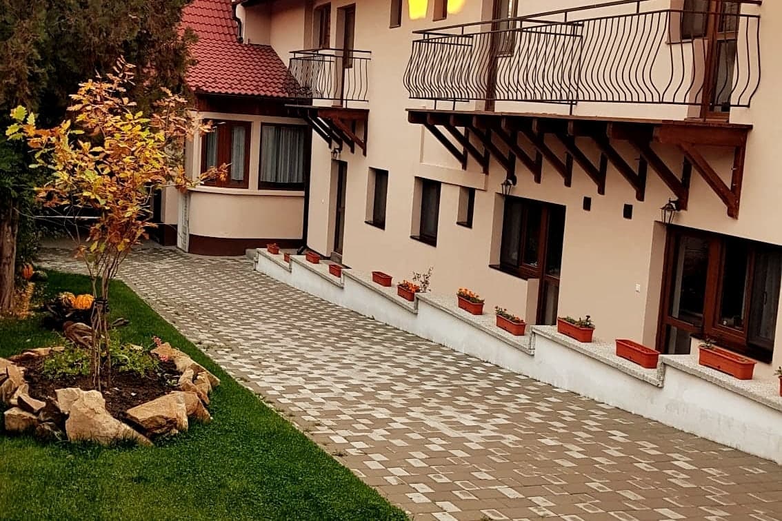 Curtea interioară cu alee pavată, jardiniere și balcoane